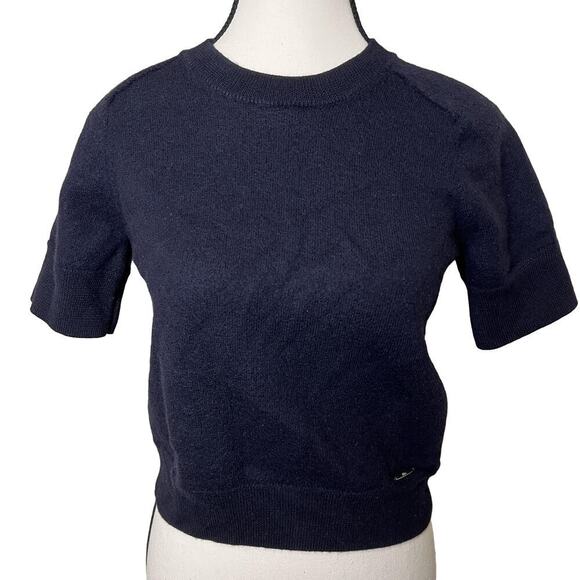 Elie Tahari 100% Merino Wool Short Sleeve Sweater Navy Blue Size L RUNS SMALL - Picture 1 of 11